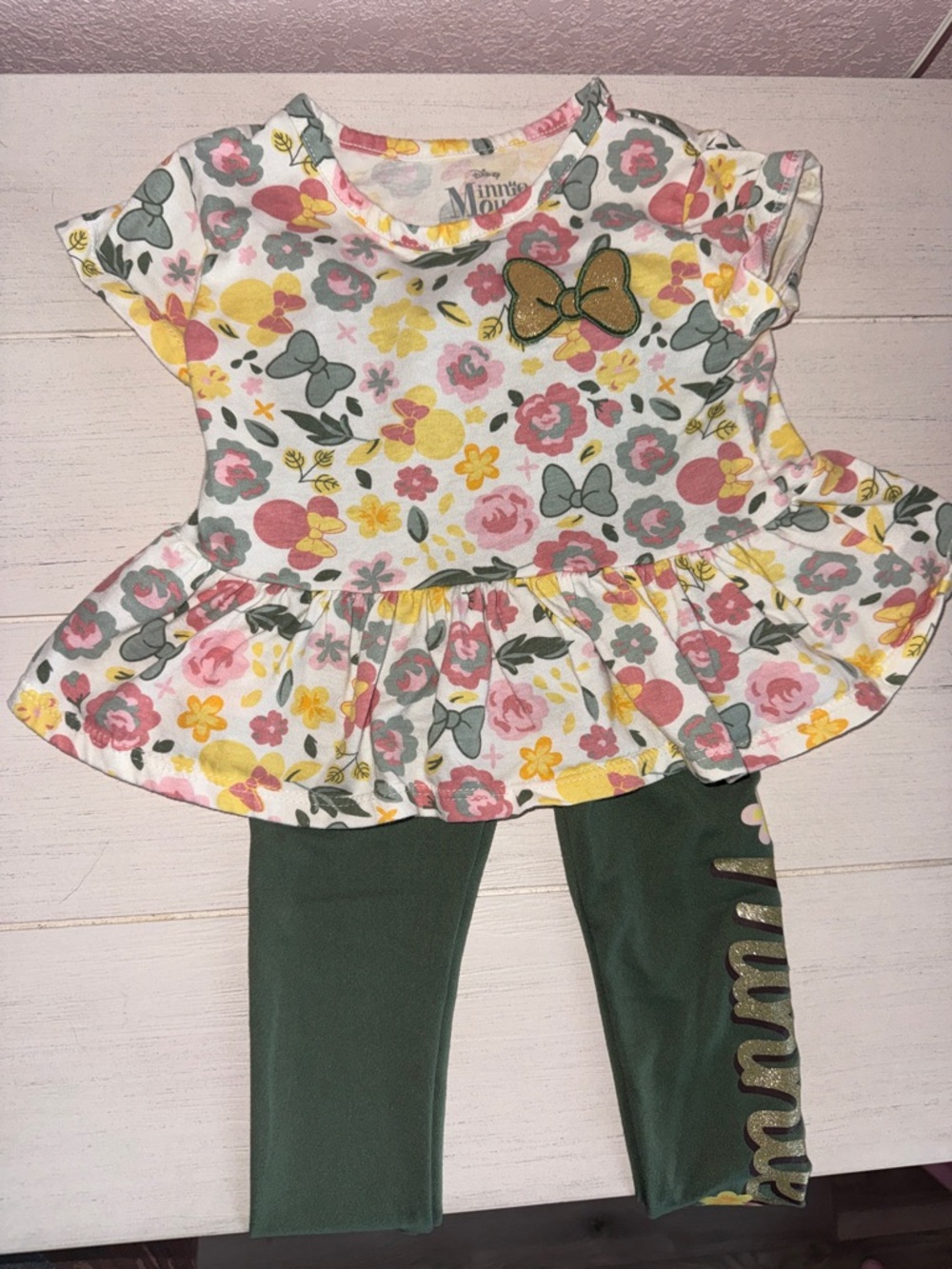 Disney Girls Floral Peplum Top & Green Leggings Set - Pink, Yellow, Gray, Green